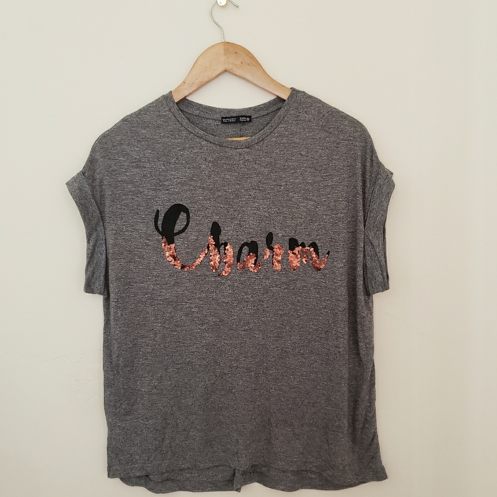 ZARA grey graphic tee shirt top "Charm" sequins